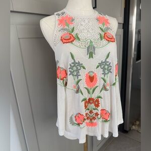 Free People Embroidered Floral Lace Tank | Neon Coral | Size Small